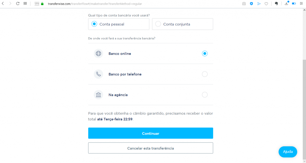 No nosso caso, vamos usar uma Conta pessoal e faremos a transferência através de Banco online.